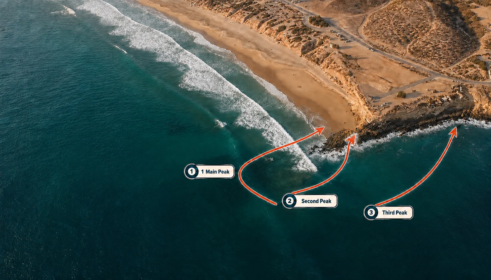 Vista aérea ilustrada del spot, con el pico principal, el segundo y el tercero numerados de dentro hacia fuera